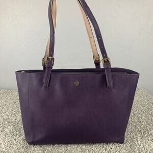 Tory Burch Leather York Buckle Tote Women's Purple Luxury Gold Tone Hardware